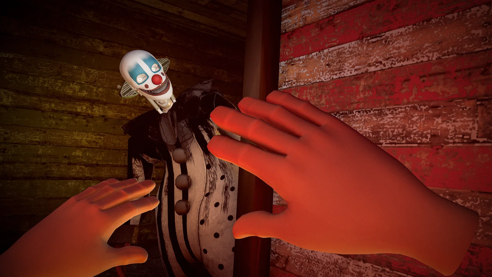 A sinister mechanical clown inside a dark room